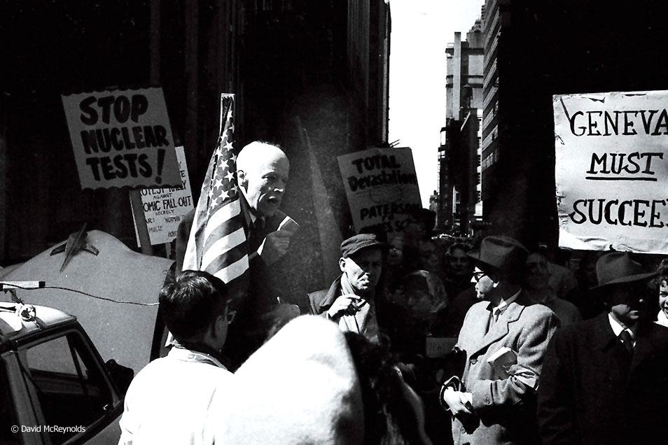   Norman Thomas  speaking at the Times Square rally. NYC, March 28, 1959. 