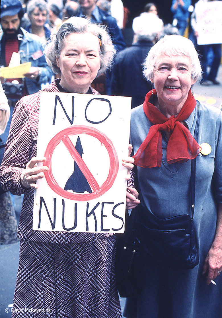  The new coalition Mobilization for Survival sponsored the march and rally at SSD I, on May 27, 1978. Molly Wilson (left) and Virginia Eggleston were active with the Greenwich Village Peace Coalition, and Virginia was a longtime WRL volunteer.&nbsp; 