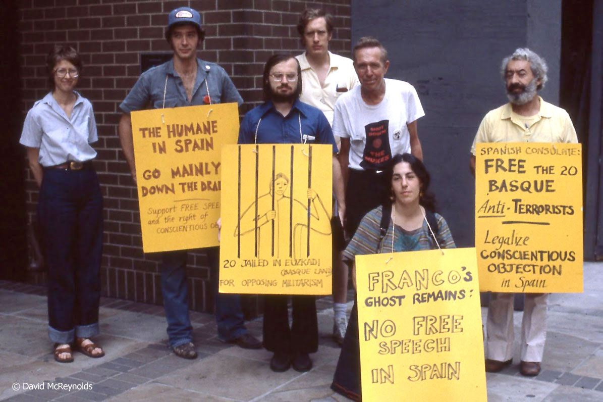 Out at a protest: WRL staff and volunteers: Grace Hedemann, Steve Rossignol , Peter Geidel, Ed Hedemann, Jim Peck, Vicki Rovere, Ralph DiGia - July 1980.