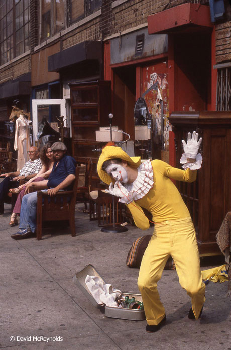 Street clown outside 339 Lafayette, July 1980.
