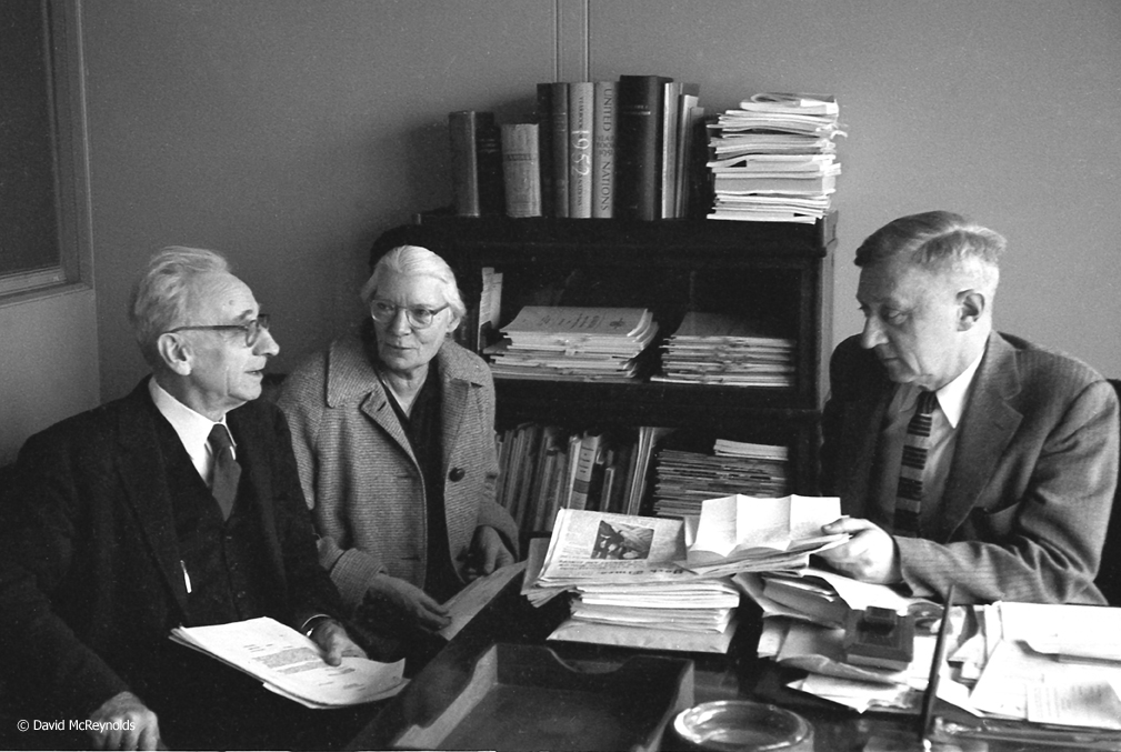 AJ Muste (left) and Dorothy Day (center) at a UN Meeting in January, 1959.