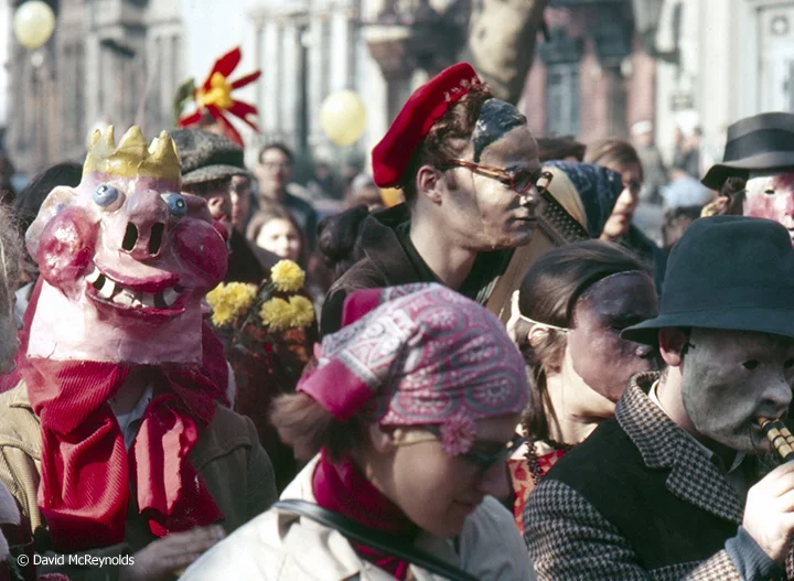 WIN Yellow Submarine launching march from Tompkins Square Park to Hudson River. "'Twas a wonderful day, a joyous demonstration for a change, but I don't know what the onlookers made of it," remembers participant Barbara Webster. Oct. 22, 1966.
