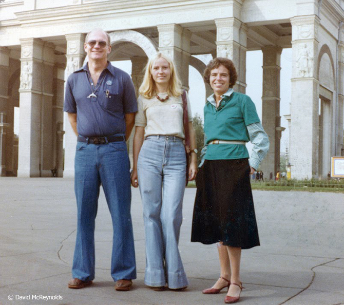 Scott Herrick, tour guide Olga, and Norma Becker, who was chair of WRL at the time of this action. Scott had been on the San Francisco to Moscow Walk in 1961 and was a key planner for this trip.