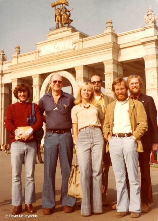  WRL activists in front of the entrance to the All-Russian Exhibition Center: Patrick Lacefield, Scott Herrick, tour guide Olga, David, Craig Simpson, Steven Sumerford. One of the other group members, Norma Becker or Jerry Coffin, is behind the camer