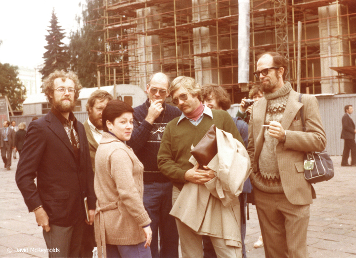 At the Kremlin: Steve Sumerford, Craig Simpson, tour guide Natasha, Scott Herrick, Jerry Coffin, Patrick Lacefield, David. Photo by another group member.