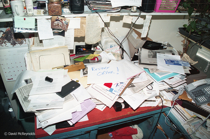 Trying to convince himself to “restore order.” David's desk, April 1995.