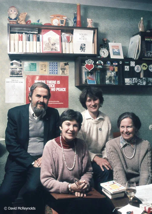 Richard Deats, FOR staff, led the group tour. Virginia Baron, front left, edited FOR’s magazine Fellowship. They met with peace activists on the tour.