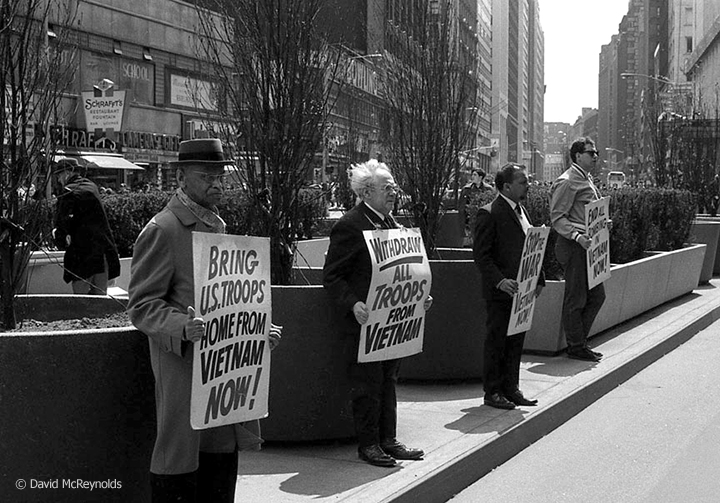  On April 29, 1967, WRI Secretary Devi Prasad (second from right) on the vigil line at Times Square to demand an end to the war in Vietnam. White-haired Otto Nathan, WRL executive committee member, kept the vigil going nearly single-handedly for over