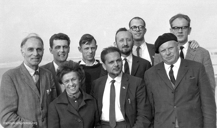  At a 1964 War Resisters’ International meeting in Ostend, Belgium, between representatives of WRI and the World Peace Council. Left to right: Harold Bing, WRI; rep from World Peace Council; Madame Rosy Holender, General Secretary of the Belgium Unio