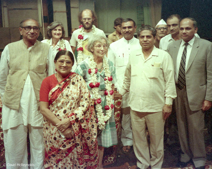 British pacifist Myrtle Solomon in flower lei at her last Triennial as Chair of War Resisters’ International. She served as Chair from 1975 thru December 1986. Her speech to the gathering is in a collection of her writings on the WRI website . Peter Jones, standing behind Myrtle, has been active with WRI for more than 40 years and is currently the contact in Australia.