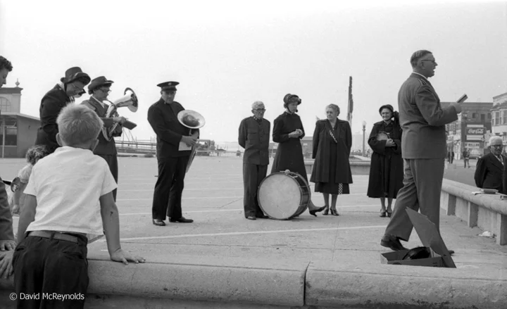Salvation Army street preacher. Santa Monica, October 1954.