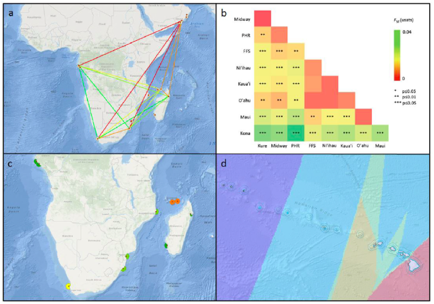 Four examples of geospatial genetic data layers and graphical analytics from case studies developed in SeaSketch: Genetic connectivity (a) and genetic diversity (c) of humpback whales off Africa; and pairwise (b) and interpolated (d) population differentiation of spinner dolphins in Hawaii . Adapted from IUCN-MMPATF (2016).