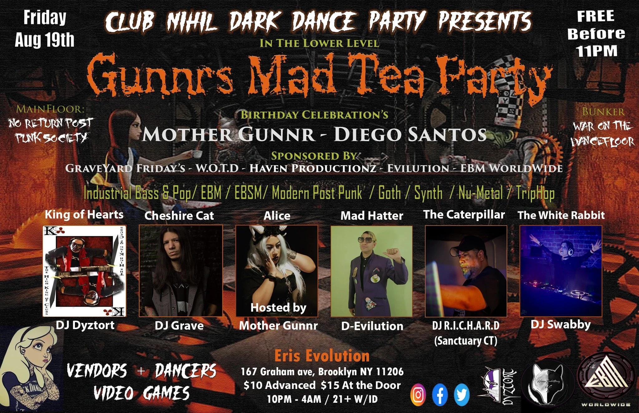 Club Nihil: Gunnr's Mad Tea Party B-Day Dance Party + Burlesque at midnight! Free before 11pm August 19th at Eris!