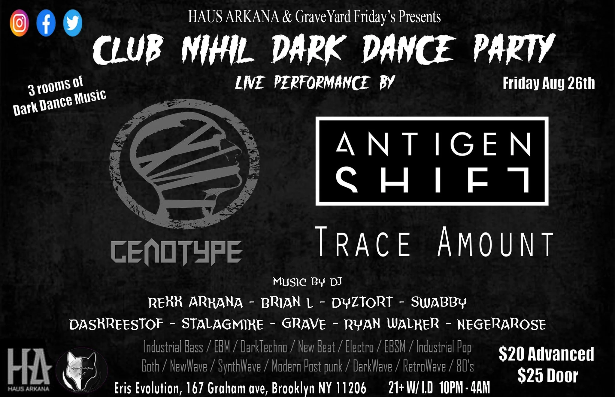 Club Nihil presents Cenotype, Antigen Shift, and Trace Amount Live! w/ 9 Dark Dance DJs across 3 rooms at Eris