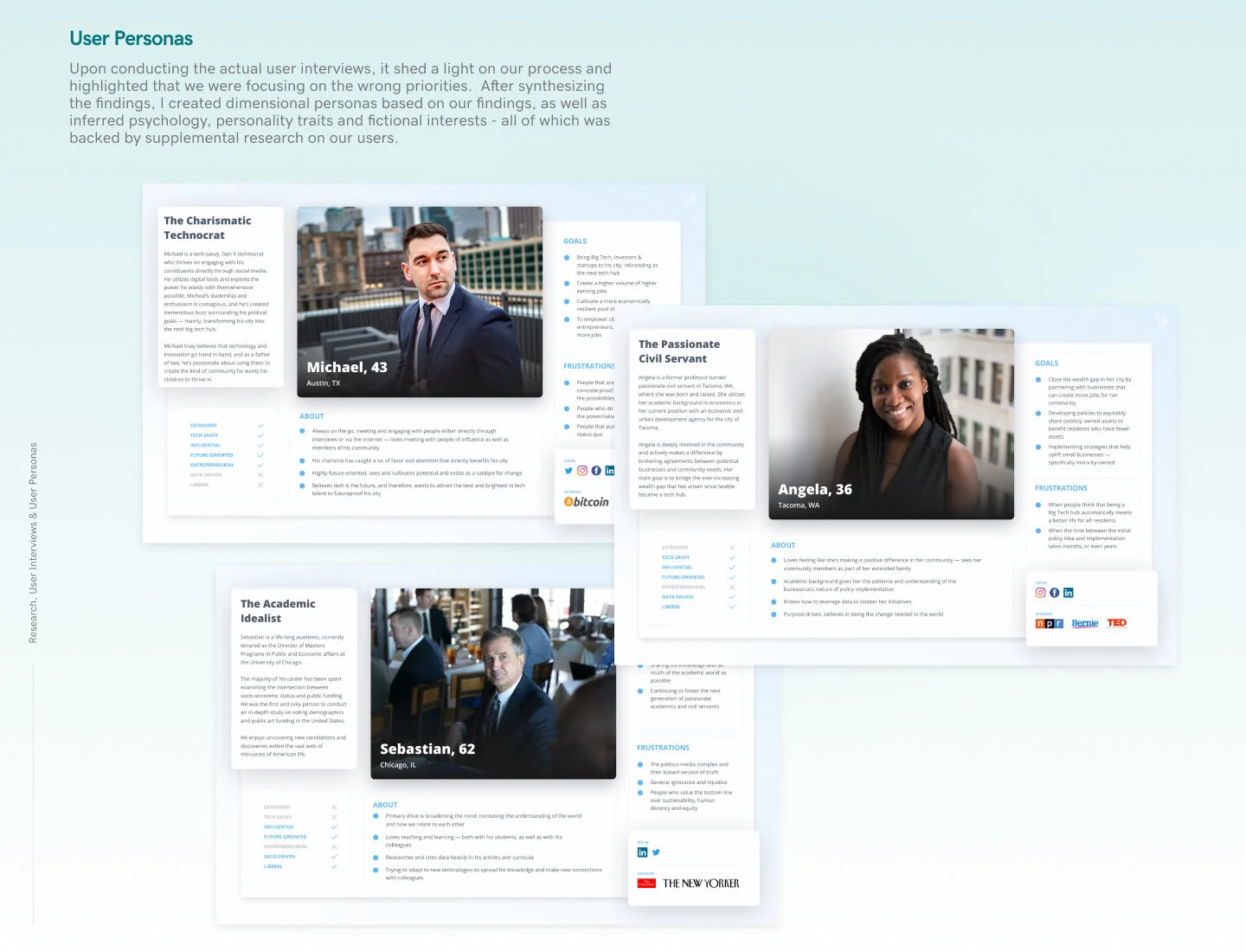 Interviews & User Personas Upon conducting our actual user interviews however, it became immediately clear that social media played almost no part of any of our participants’ day-to-day business. Our interviewees held very different position