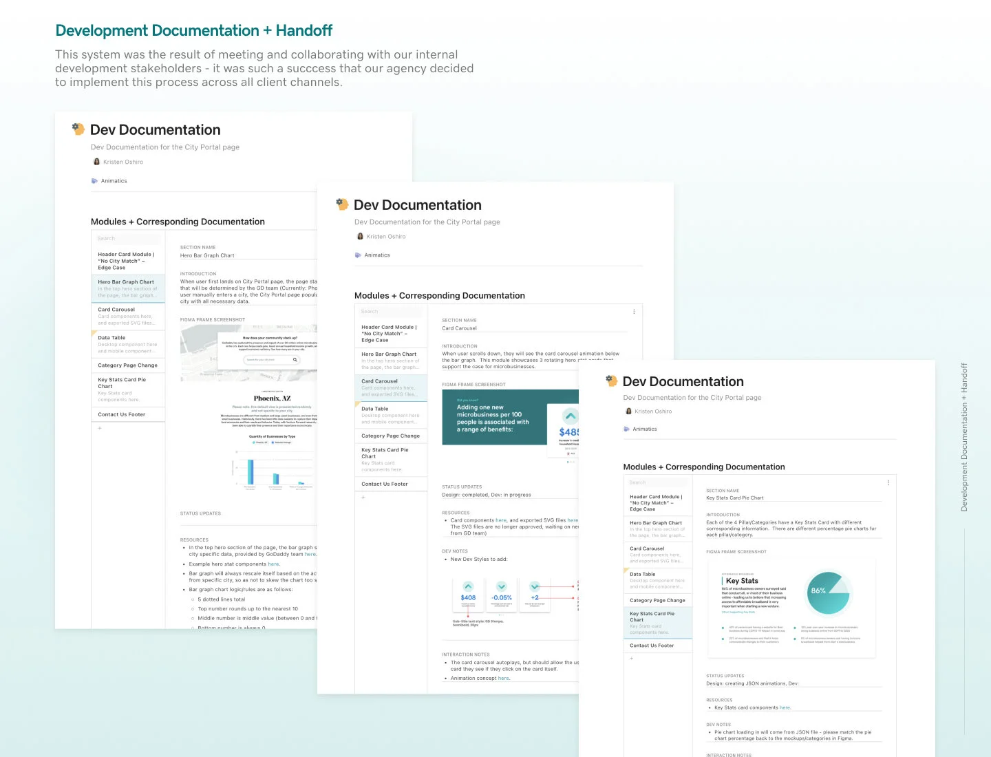 Development Documentation & Hand-off Once the final animations were buttoned up, I moved on to the development documentation process. I created a documentation system for making annotations within Figma, as well as externally documenting on