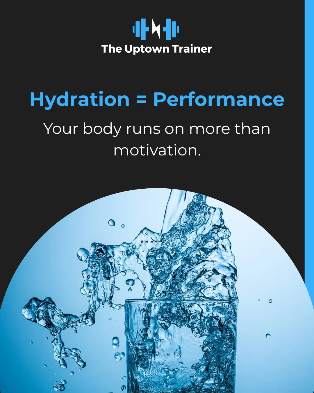 Even 1&ndash;2% dehydration impacts:
⚡ Energy levels
💪 Muscle function
🧠 Mental focus

Start your day with a glass of water, and keep a bottle nearby&mdash;especially during workouts.

💧 3L/day for men | 2.2L/day for women (minimum)
Hydrated cells