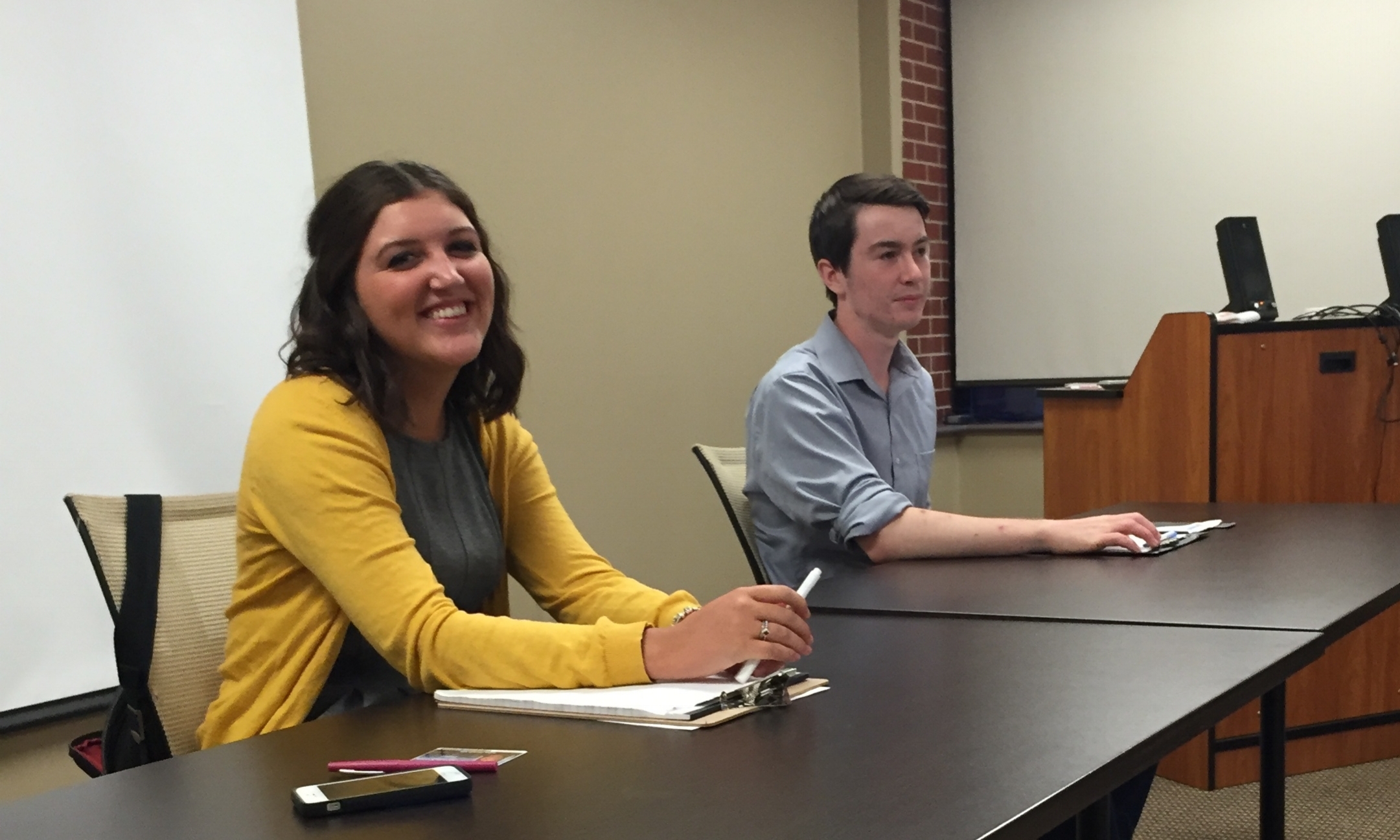 Gushue and Maclellan at The Xaverian Weekly's frosh councillor debate. photo : Shelbi Kilcollins. 