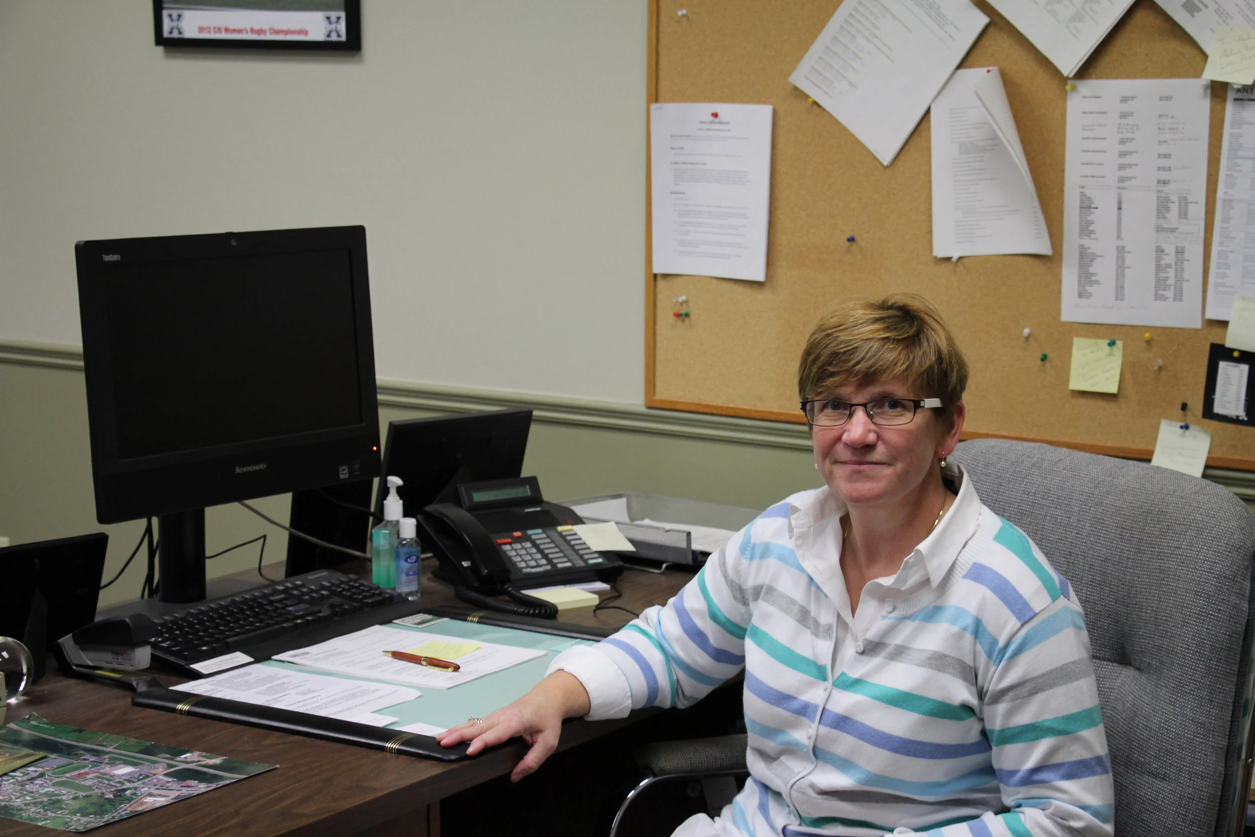  Laurie Boucher sits at her new desk after being elected Mayor of Antigonish on October 15th.&nbsp; 
