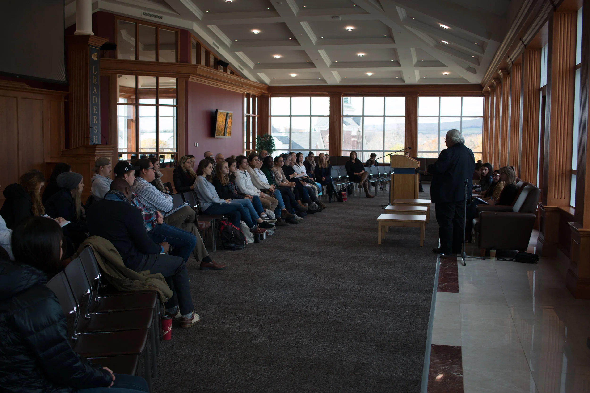  Senator Sinclair addresses the audience at "Engaging Students for Reconciliation: A Panel with Senator Murray Sinclair." StFX students Taylor Grady, Justice Gruben, Cecilia Scoles, and Radney Sylliboy sat on the panel with the Senator. 
