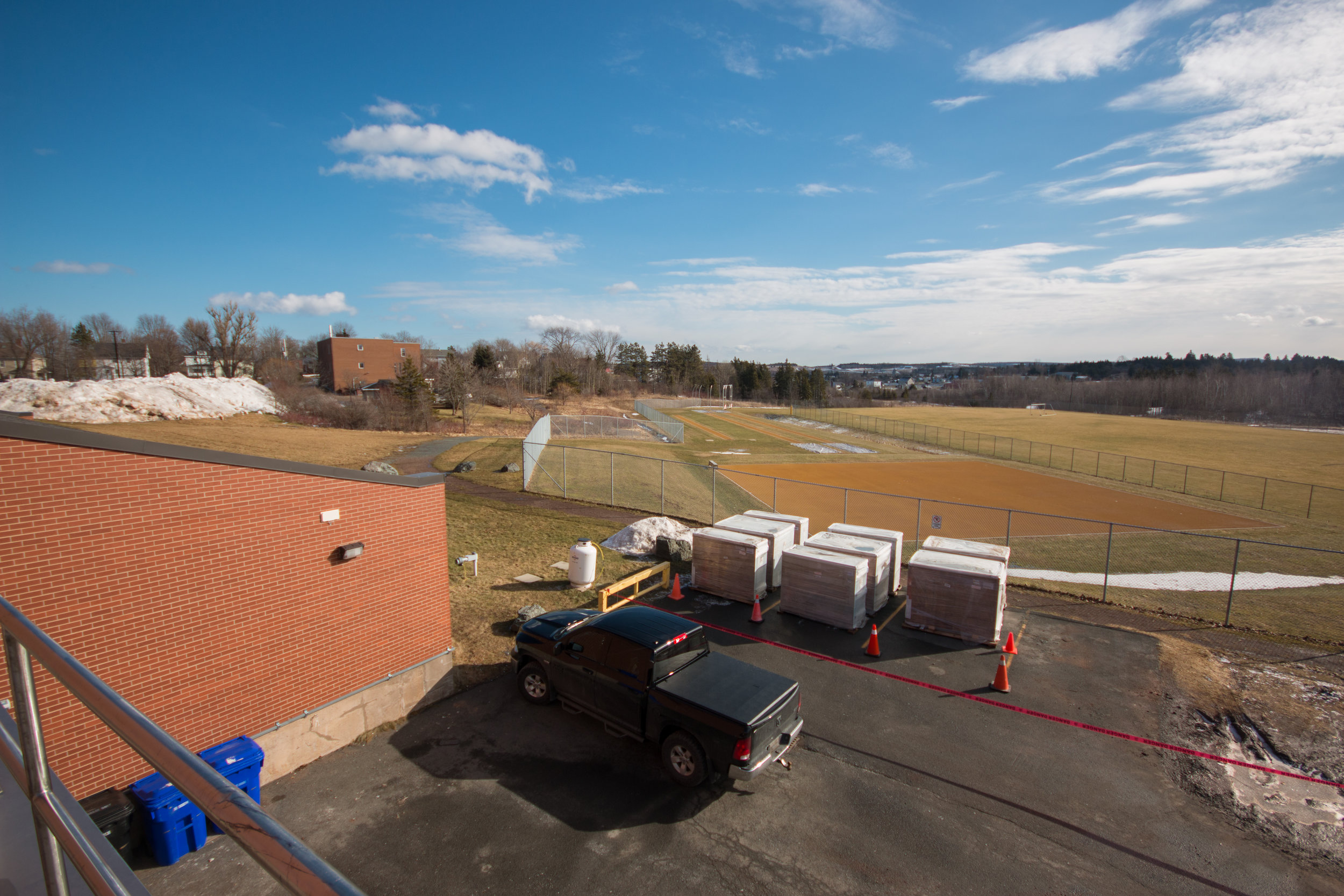  The scene overlooking the soccer and track &amp; field facilities. Prior to their installation, the area was used as field lab space.&nbsp; 