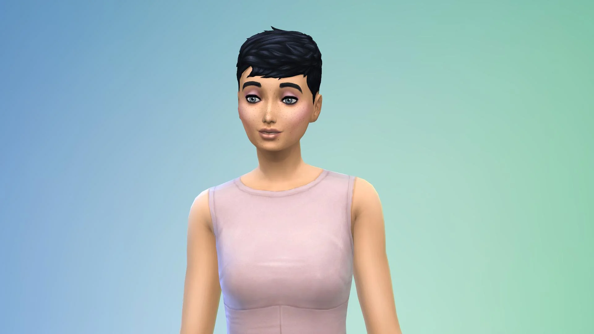 A pale Sim with short, dark hair wearing a light rose-colored shirt. She wears makeup that matches her shirt.