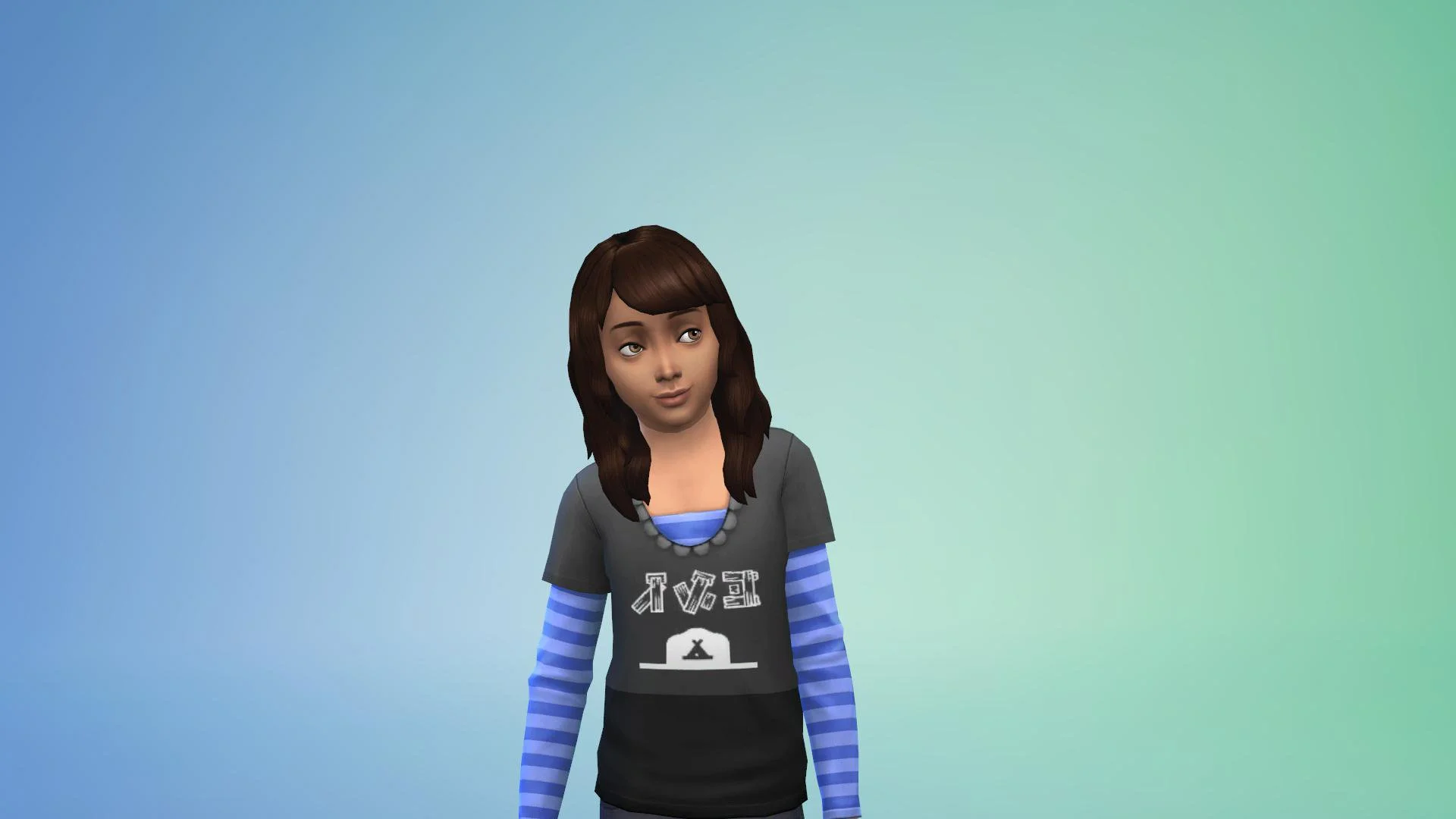 A child Sim with dark brown hair and medium skin. She wears a black tee over a purple striped longsleeve tee.