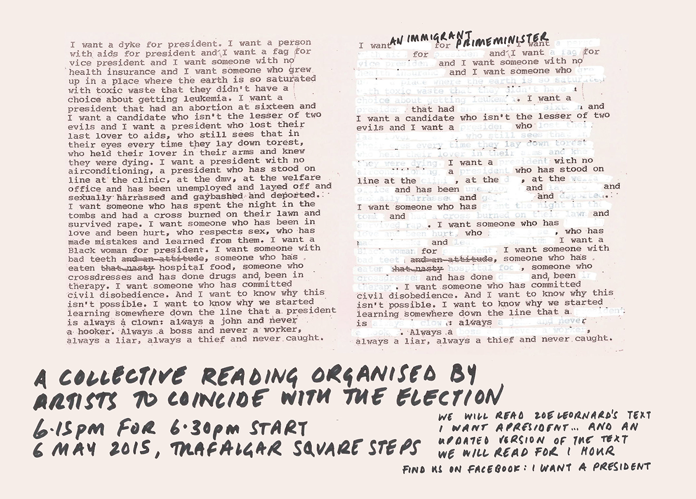Flyer for I want a president...A Collective Reading - London, 2015.