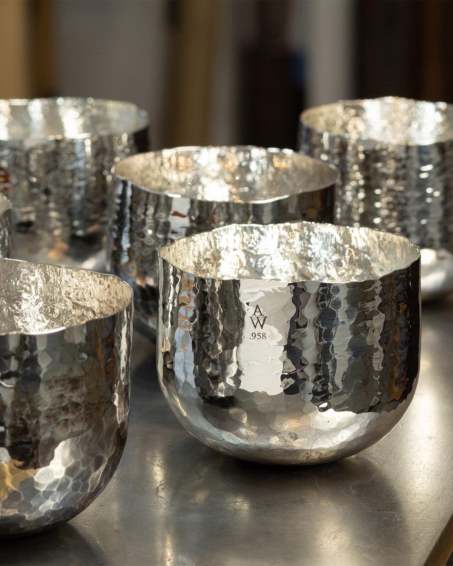 These carriage cups make great holiday gifts. Each cup is unique and hand hammered from a thick disc of .958 Britannia silver. I&rsquo;ve left the bottom of the cups heavier so as to keep them upright when wobbled. They are roughly 3&rdquo;d x 2.5&qu