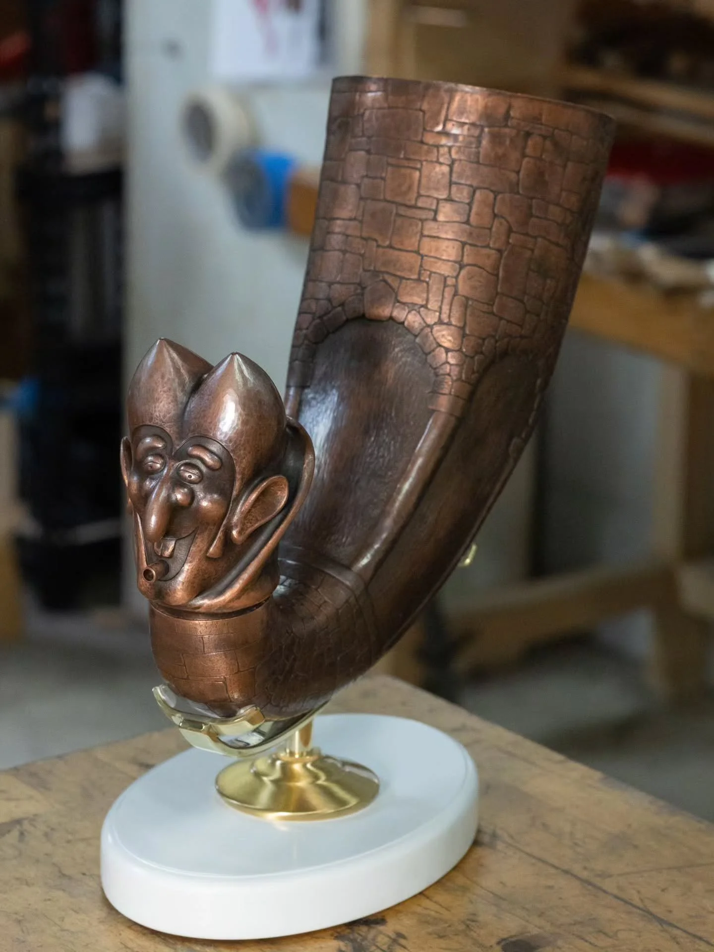 Count Chocula Rhyton and display base are finished. Count Chocula&rsquo;s head is tension fit to the horn or beaker of the rhyton. There is an indent line where the copper snaps into place. It&rsquo;s tight but I apply orthodontist wax to make it wat