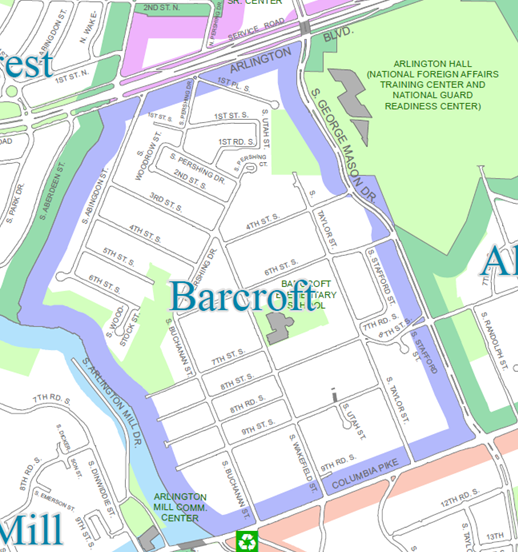 Map of Barcroft (click map to expand). Source: http://gis.arlingtonva.us/Maps/Standard_Maps/Civic_Associations/Civic_Association_map.pdf, Retrieved on January 31, 2017