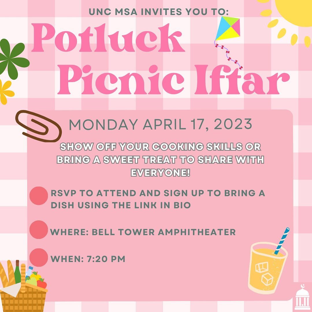 Assalamualaikum everyone‼️📣 Join us 
for our potluck picnic Iftar on Monday 4/17 at the Bell Tower Amphitheater. Everyone is encouraged to bring in a dish to share with everyone! Make sure to RSVP using the link in bio😋