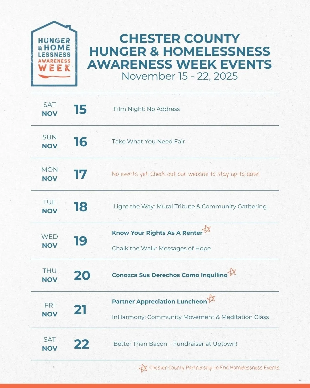 🗓️ Hunger &amp; Homelessness Awareness Week Events! 🗓️

📍 Join us November 15&ndash;22, 2025 for a week of learning, reflection, and community action as we shine a light on housing and food insecurity in Chester County.

🧡 Each event offers oppor