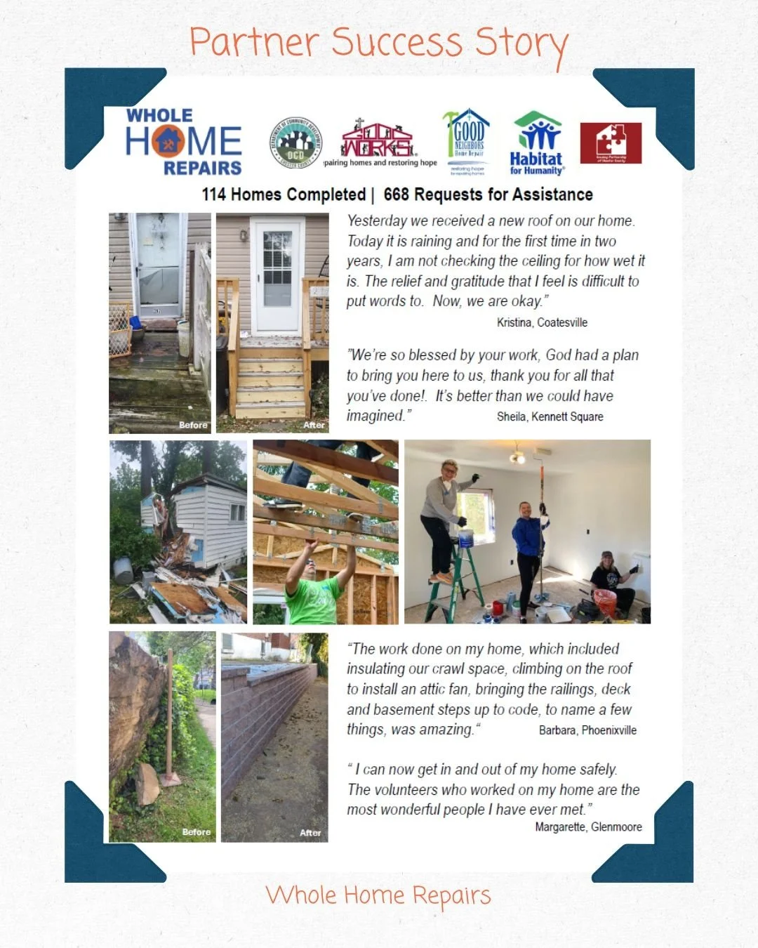 🔧 Success Story: Whole Home Repairs Program 🔧

🏠 The Whole Home Repairs Program assists eligible low- to moderate-income Chester County homeowners in making critical repairs so their homes are habitable, safe, accessible, and healthy.

🤝 With 114