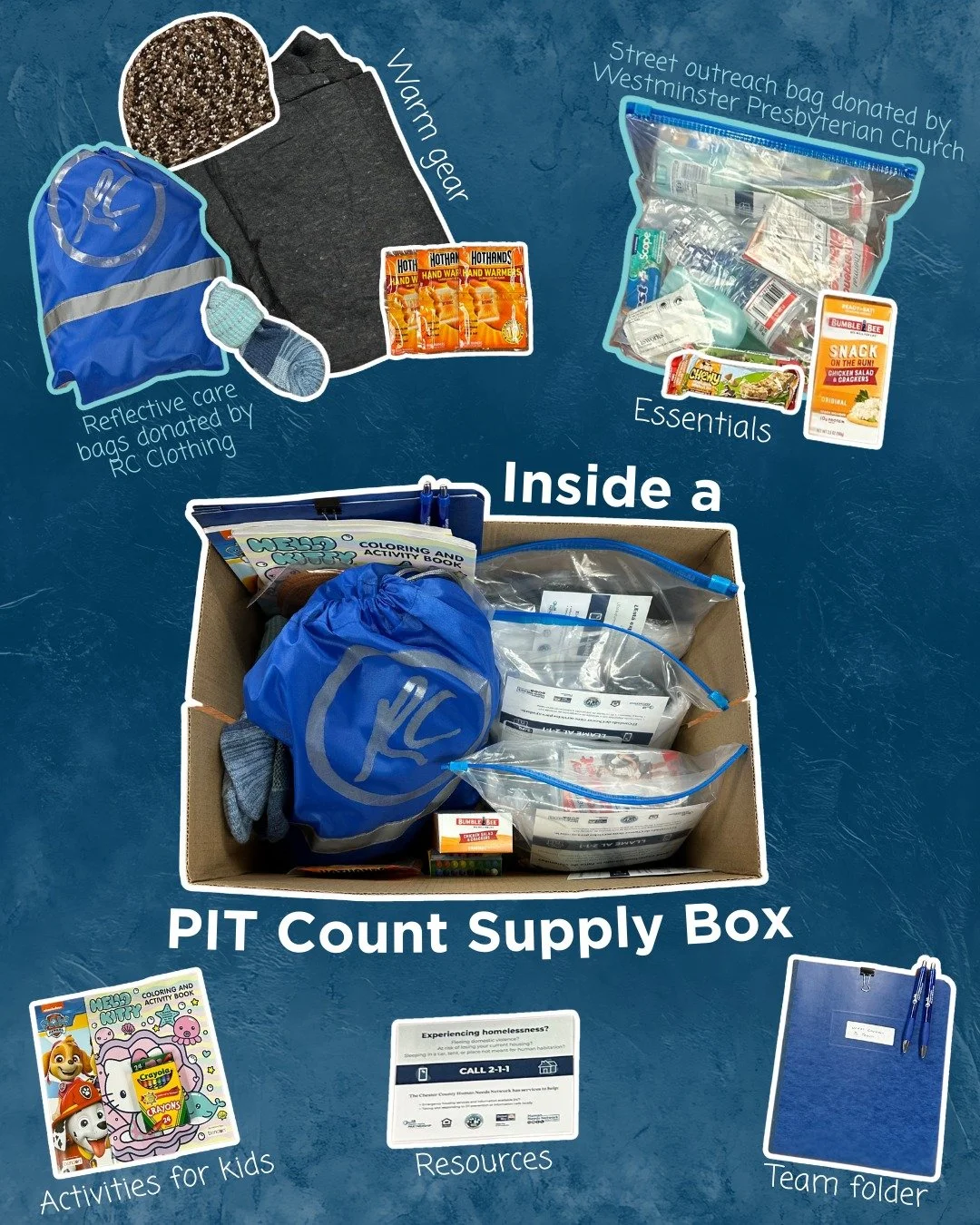 Take a look at what our teams brought with them during the night Point-in-Time (PIT) Count.

🧥 Warm Gear: Reflective care bags donated by @rcclothingchesco, hats, socks, blankets, sleeping bags, and hand warmers.
🧼 Essentials: Street outreach care 