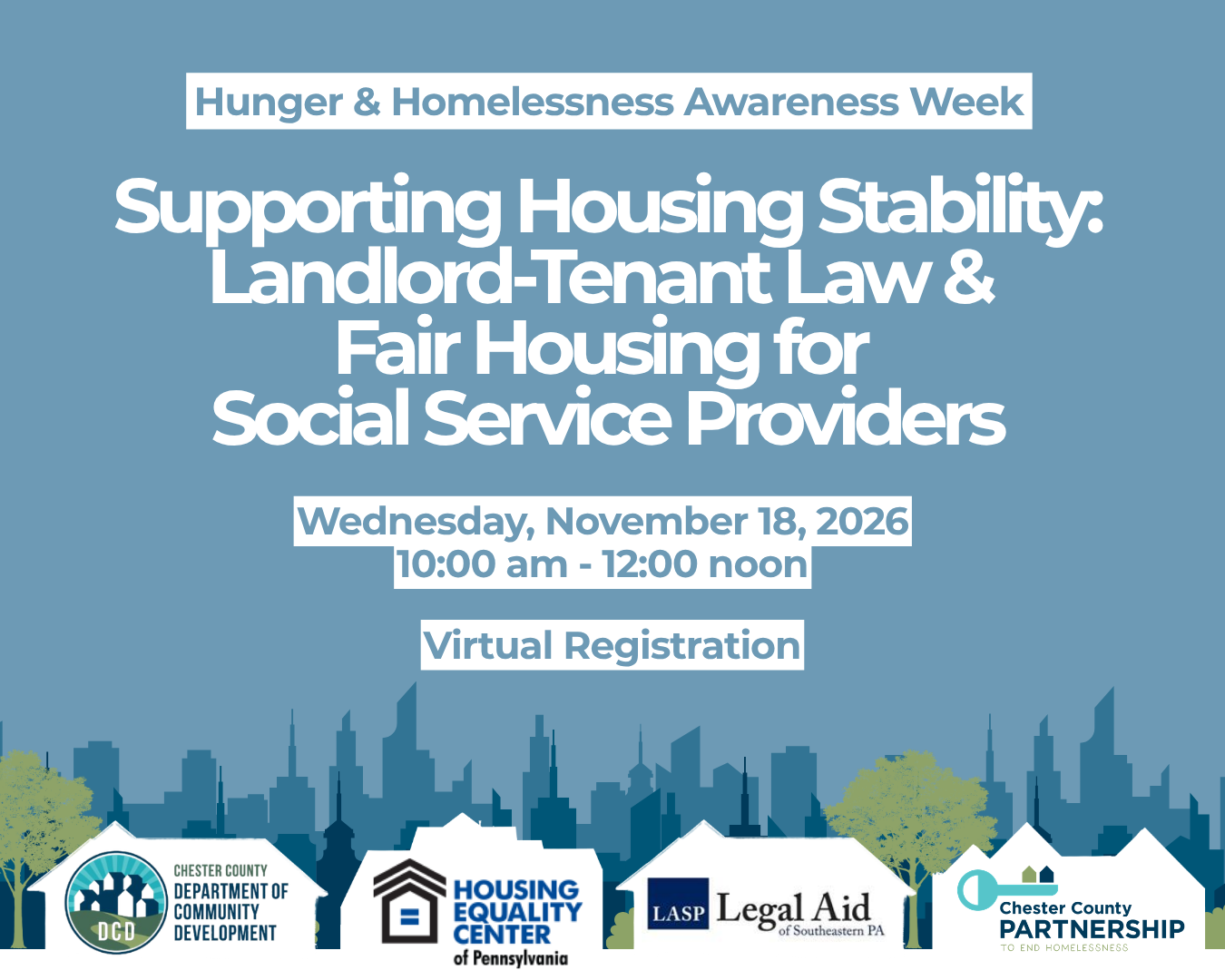Flyer advertising virtual registration for Supporting Housing Stability: Landlord-Tenant Law & Fair Housing for Social Service Providers