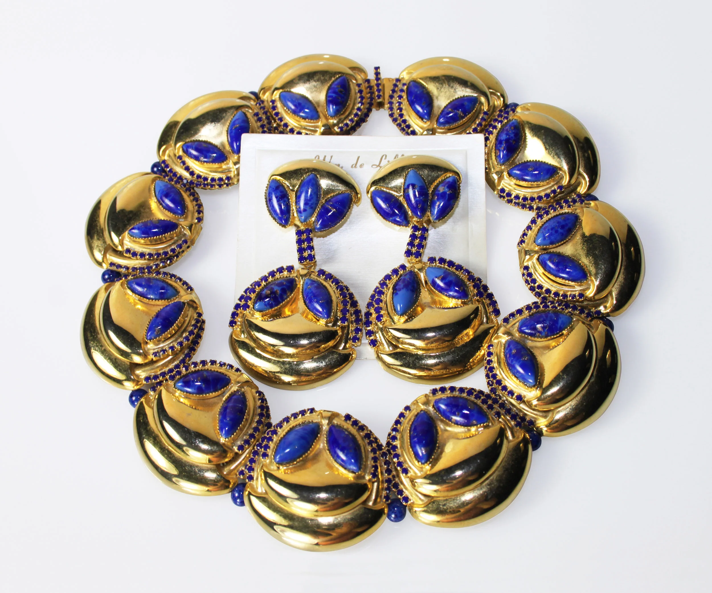  Jeweled Faux Lapis Shell Necklace and Earrings c.1970