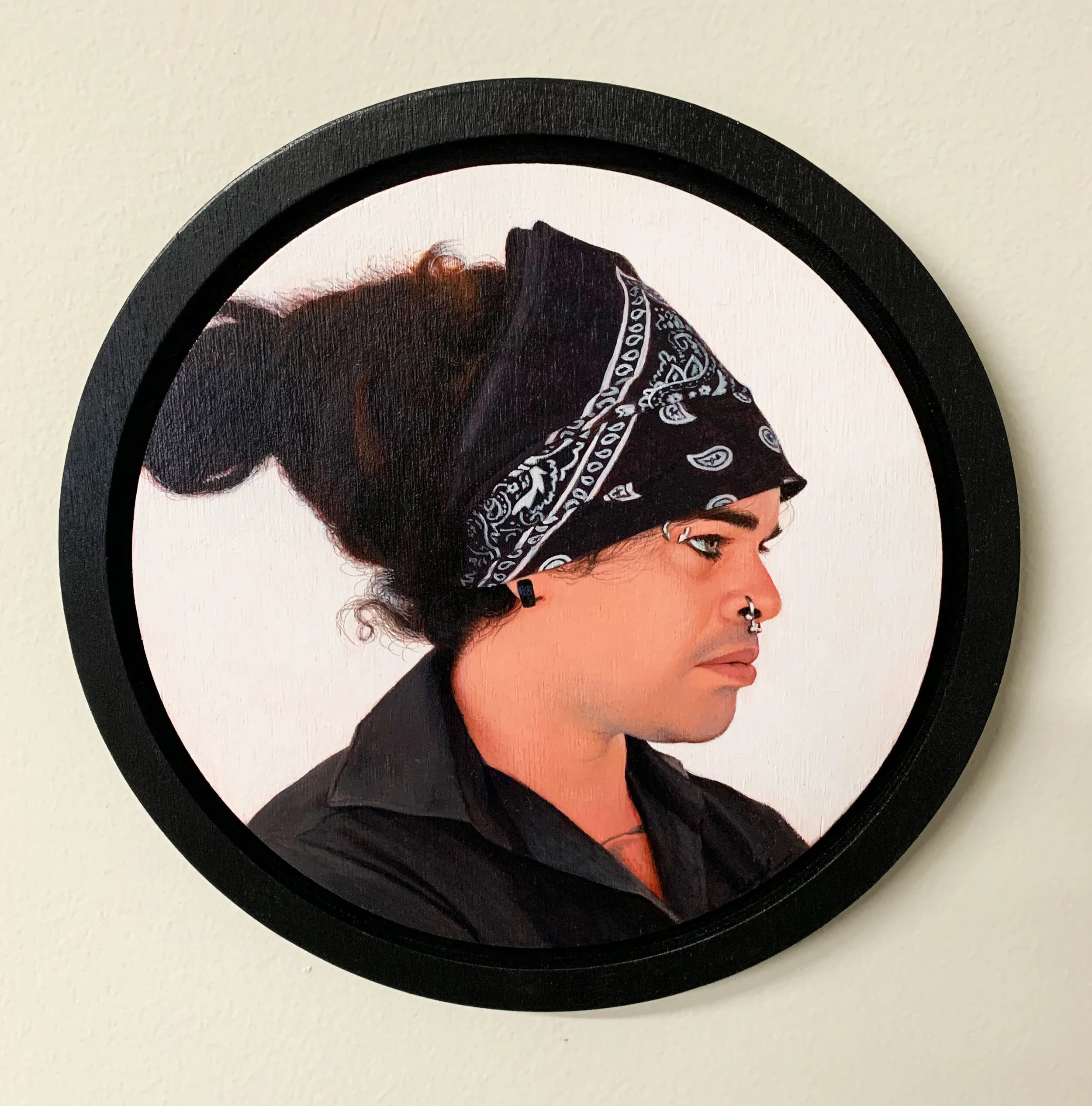 “The Server” Acrylic on panel. 8” round   
