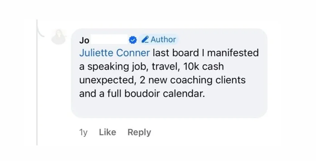 Facebook comment showing student manifested a speaking gig, $10k cash, two new coaching clients and a full boudoir calendar.