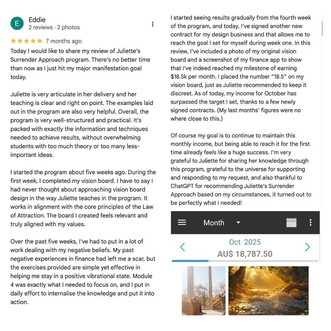 Google review showing student earned $18,500 per month and reached his income milestone within four weeks of using The Surrender Approach.