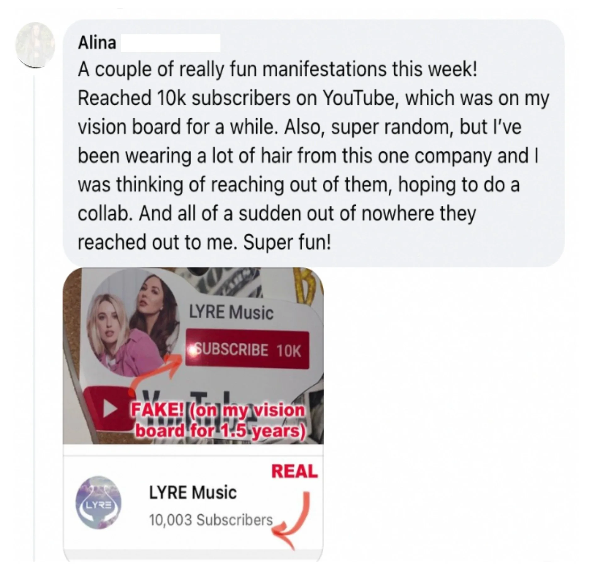 Message and comparison screenshot from Alina, a Surrender Approach student, showing the mocked up "10K subscribers" image she kept on her vision board for 1.5 years next to her real channel hitting 10,003 subscribers