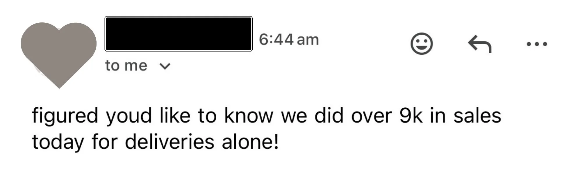 Message from a private coaching client sharing that his business did over $9,000 in sales from deliveries alone in a single day, through private coaching with manifestation coach Juliette Kristine and The Surrender Approach