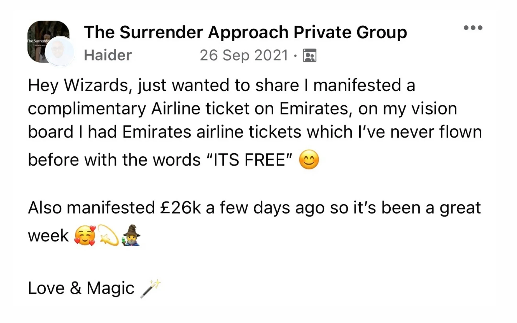 Facebook post from Haider, a Surrender Approach student, sharing that he manifested a complimentary Emirates flight after placing "IT'S FREE" on his vision board next to a photo of Emirates tickets, alongside manifesting £26,000 just days later