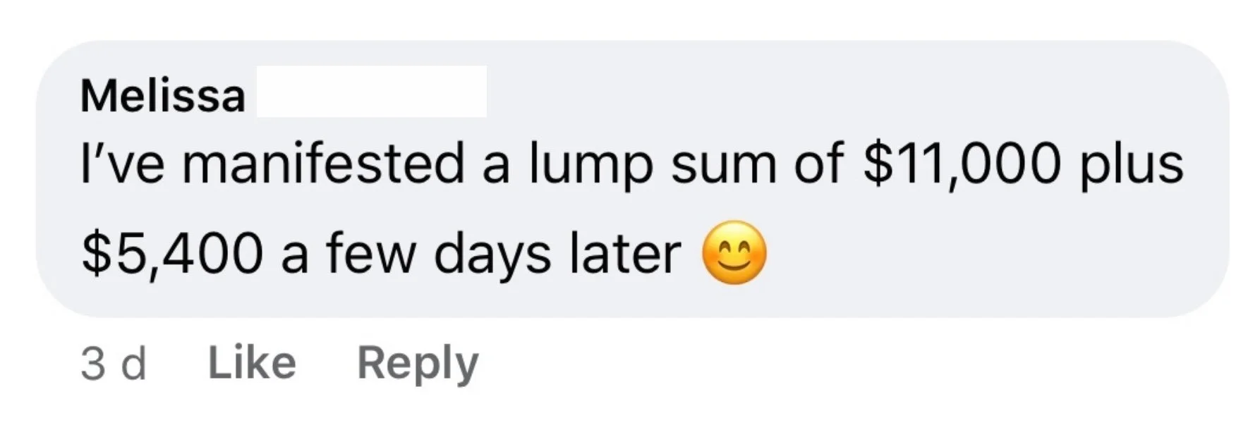 Facebook comment from Melissa, a Surrender Approach student, describing how she manifested a lump sum of $11,000 plus another $5,400 just a few days later