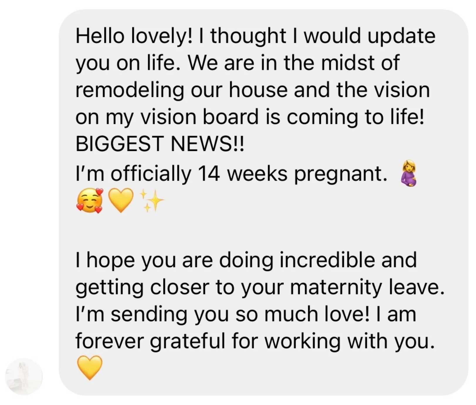 Private message from a student of Juliette Kristine announcing she is officially 14 weeks pregnant while watching her vision board come to life, after using The Surrender Approach manifestation course