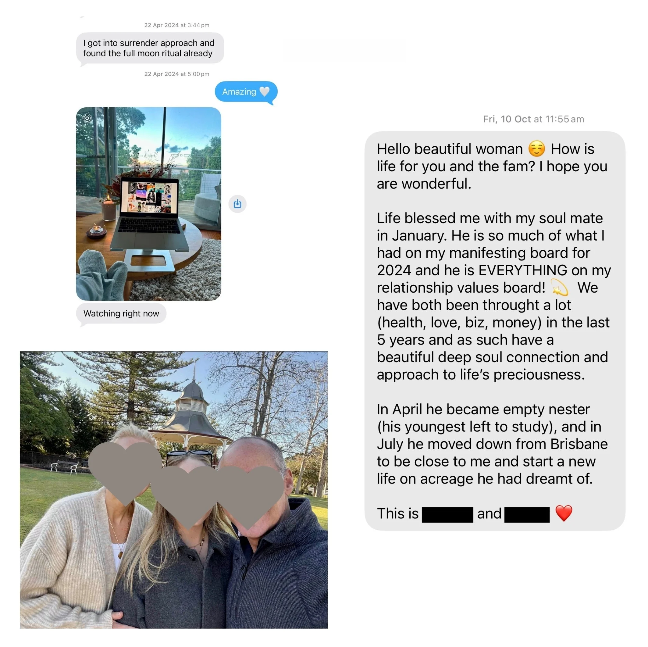 Message from a student of The Surrender Approach, Juliette Kristine's manifestation course, describing her manifesting love result, a soulmate matching her 2024 manifesting board