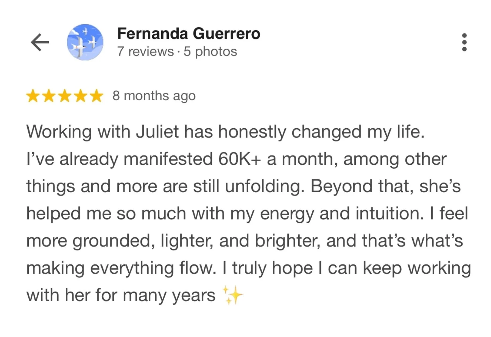 Google review from Fernanda Guerrero, a private coaching client, sharing that she has already manifested over $60,000 a month, among other results still unfolding, crediting the shift to feeling more grounded and in tune with her energy and intuition