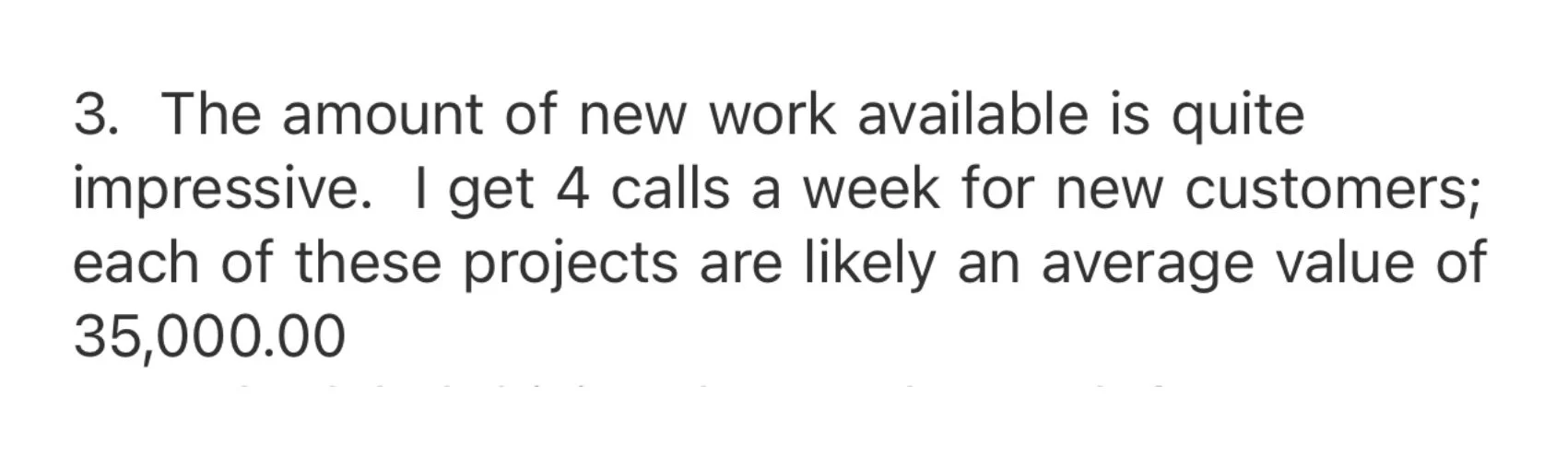 Message from a private coaching client describing how he's now getting 4 calls a week for new customers with projects likely averaging $35,000 each, through private coaching with manifestation coach Juliette Kristine and The Surrender Approach
