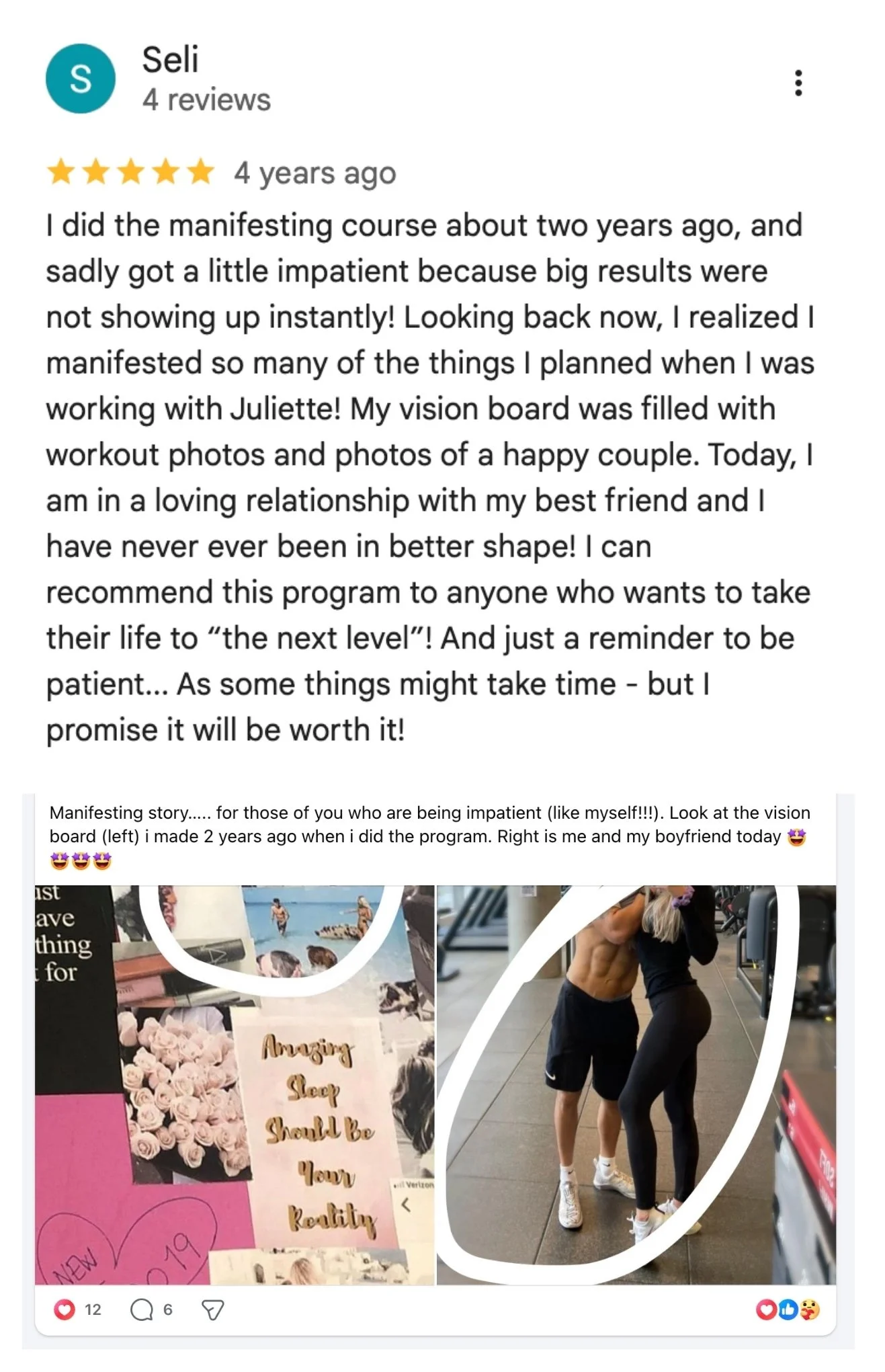 Google review from Seli, a student of The Surrender Approach, comparing her 2019 vision board to her loving relationship and best shape two years later, a manifesting love result from Juliette Kristine's course