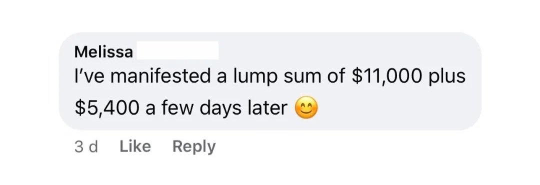 Facebook post showing student manifested a lump sum of $11,000 plus $5,400 days later using The Surrender Approach.